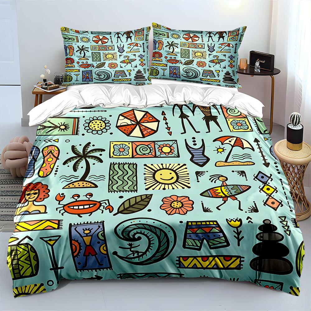 Summer beach hand-drawn patterns Print Soft Comfortable Duvet Cover Bedding Set Included 1*Duvet Cover 2*Pillowcases