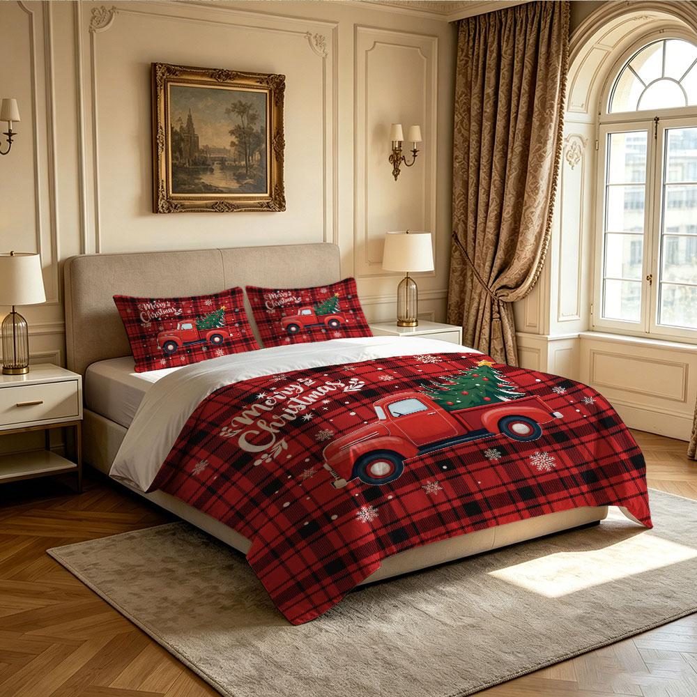 3pcs(1 bedspread + 2 pillowcases) featuring a red truck-themed Christmas tree pattern on plaid base home decoration item