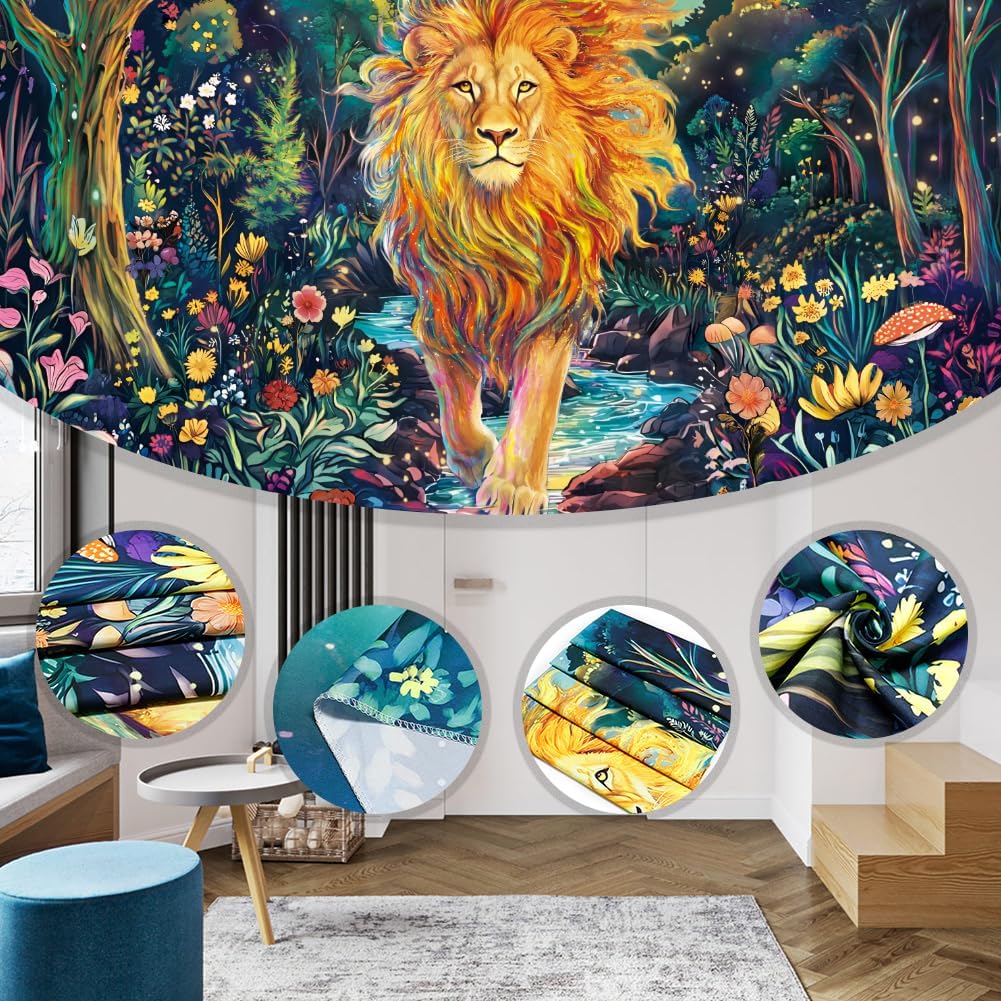 Obsecolors Blacklight Lion Tapestry UV Reactive Forest Wall Tapestry Trippy Galaxy Space Tapestries Colorful Flowers Plant Tapestries Wall Hanging