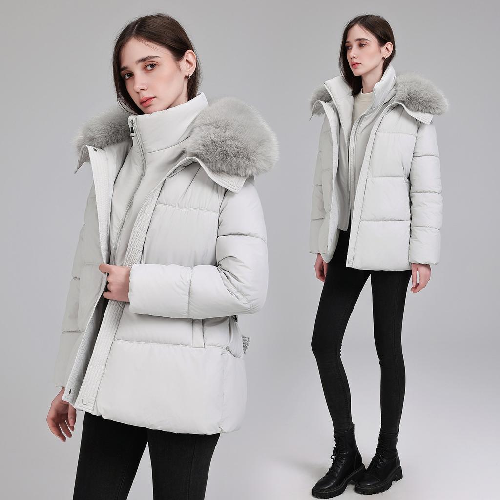 Medium and long warm and thin waist thickened cotton-padded jacket women's winter cotton-padded jacket trendy big fur collar style