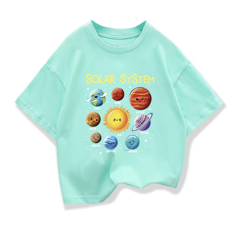Kids Pure Cotton Tshirt Solar System Graphic Printing Summer Childrens Loose Shortsleeved Tees Boys Girls ONeck Tops