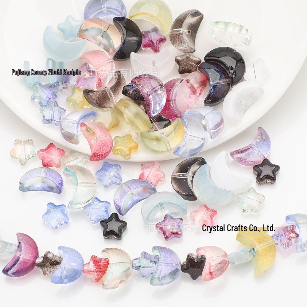 Moon and Star Glass Beads Set: Iridescent DIY Bracelet & Necklace Kit