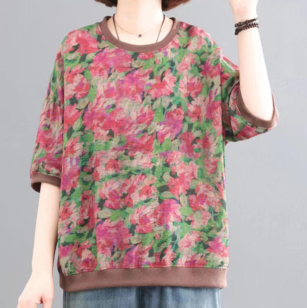 Women's Fashion Literary Style Printing Stitching Loose Short-sleeved T-shirt