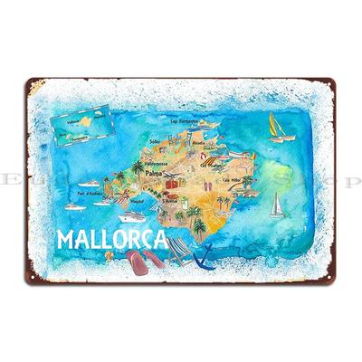 Mappa illustrata di Maiorca, Spagna con punti di riferimento e punti salienti, targhe in metallo, poster, targhe personalizzate, cartello in latta per la casa