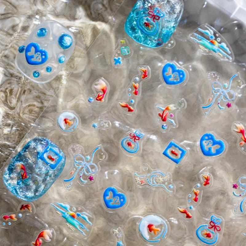 Shiny Goldfish Plastic Bag Seahorses Summer Jellyfish Starfish Shell Conch Koi Water Bubble Star Carp Nail Art Stickers Decals