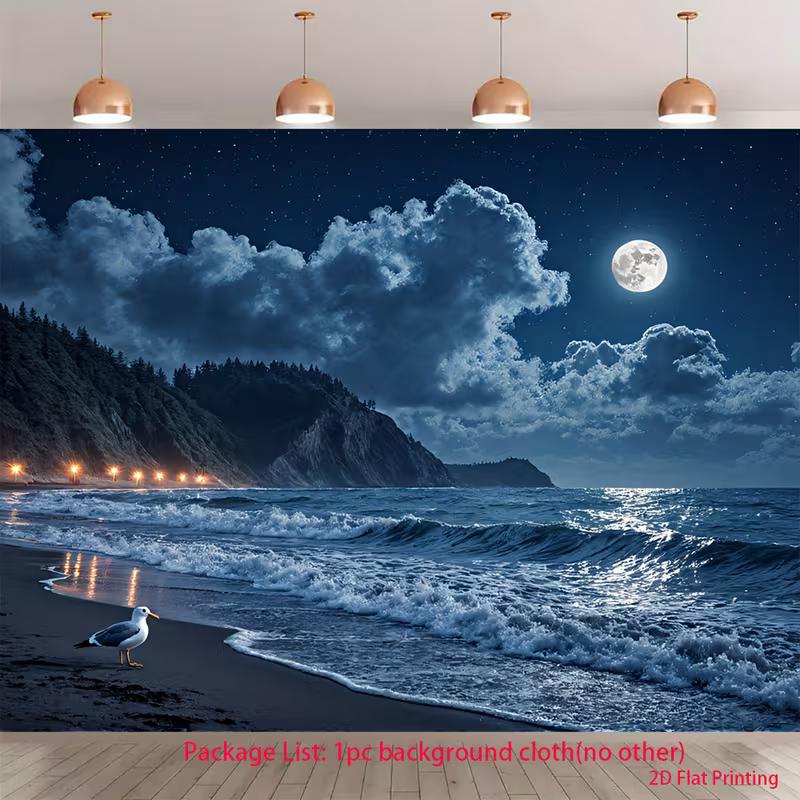 2D Moonlight Ocean Wave Landscape Background
