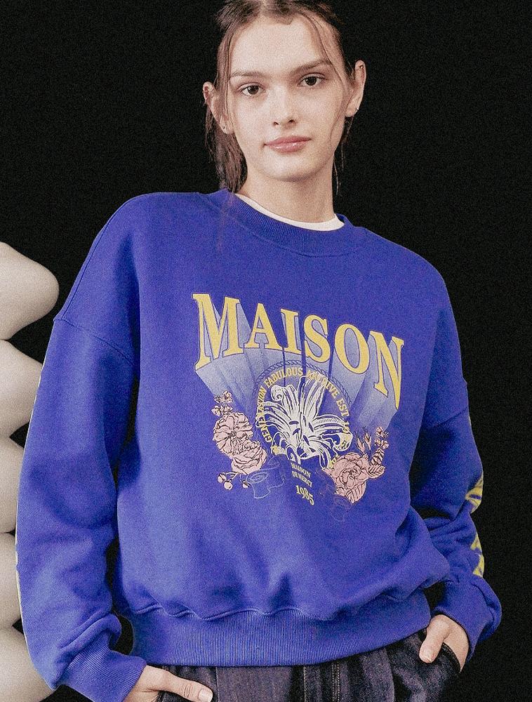 LA MAISON STUDIO Women'S Crop Flare Tropical University Heavy Terry Sweatshirt Blue (Fcd3Ts713W)
