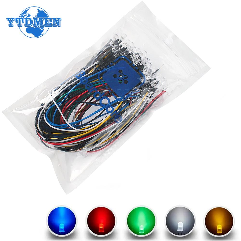 50PCS Pre Wired Led 12V 5mm LED Diode Lights 20CM Prewired 5 Colors X 10pcs  DIY Emitting Diodes Kit White Red Green Blue Yellow