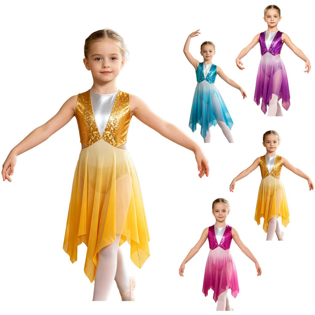 Kids Girls Lyrical Dance Dress Sleeveless Cutout Waist Keyhole Back Metallic Bodice Asymmetrical Gradient Mesh for Stage Performance Competition