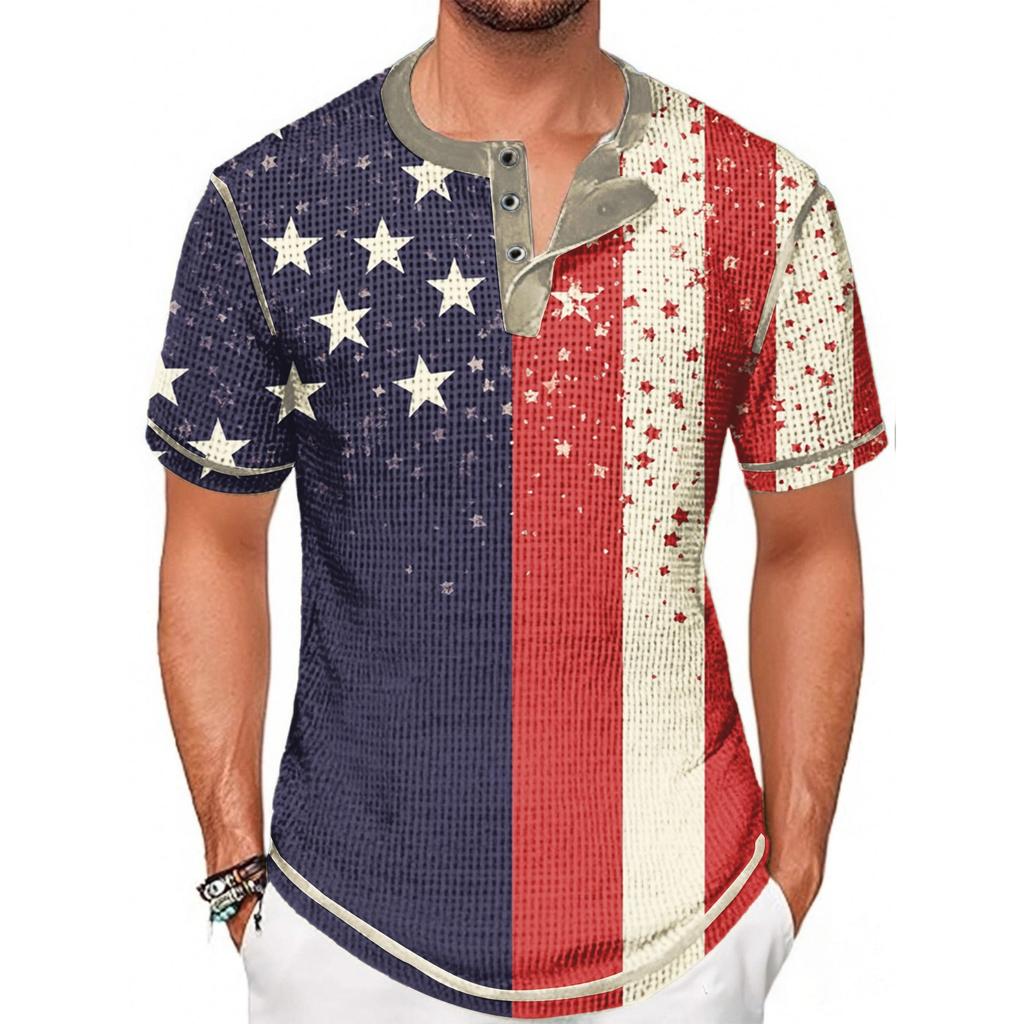 Summer Men's Stand-up Collar Short-sleeved T-shirt With Independence Day Print
