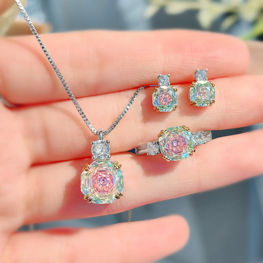 Fashion Light Luxury Star Anise Rose Cut Pendant Necklace Colorful Pink Diamond Ring Chinese Red Stud Earrings Colorful Treasure Set Women