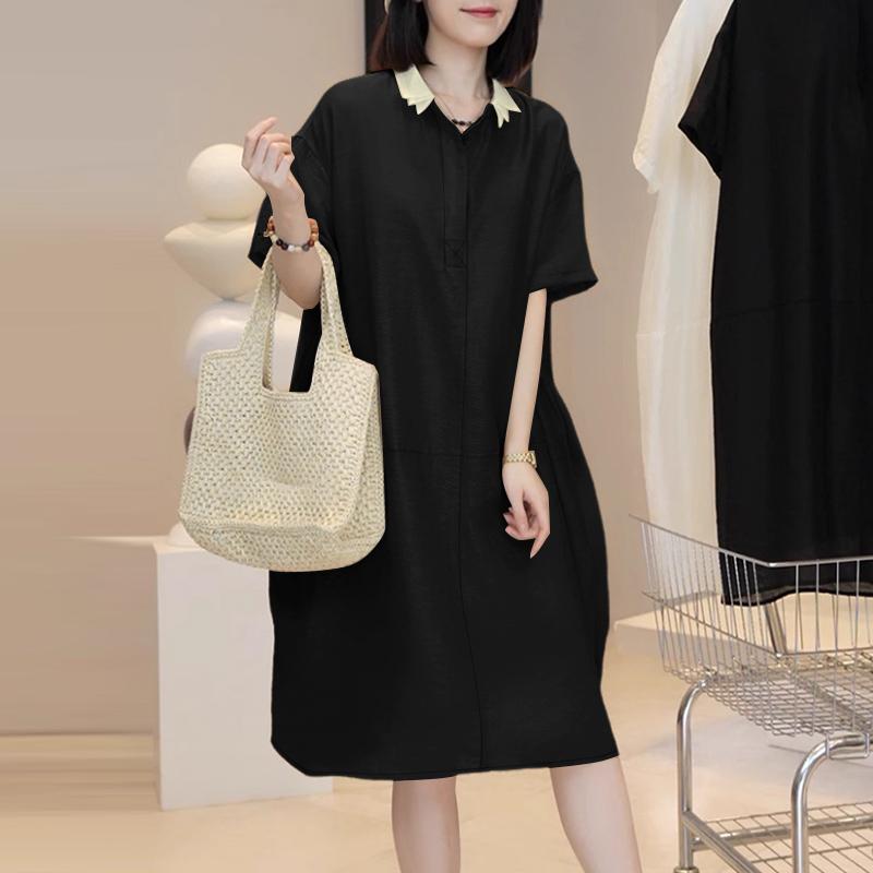 

ZANZEA Женское повседневное летнее платье с отложным воротником и коротким рукавом S чёрный