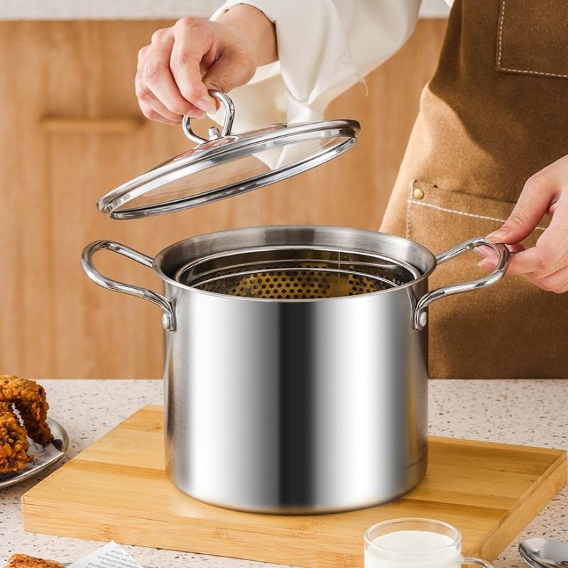 3.5L Deep Fryer Pot Stainless Steel Frying Pot With Mesh Steamer Basket With Glass Lid Kitchen Household Soup Pot Tool