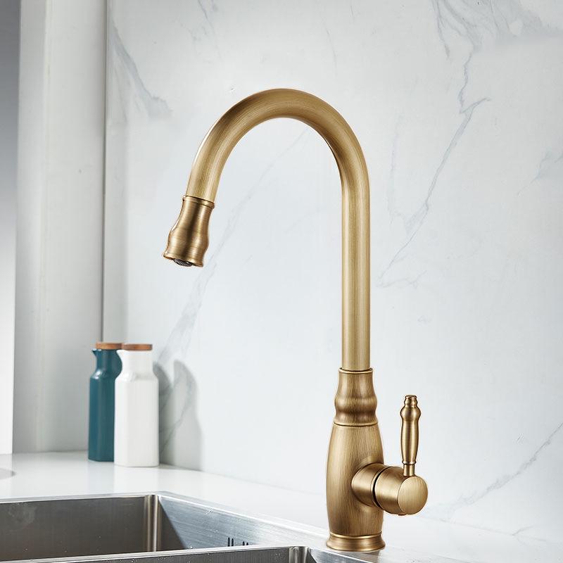 Elegant European-Style Brass Kitchen Faucet with Pull-Out Sprayer for Hot and Cold Water