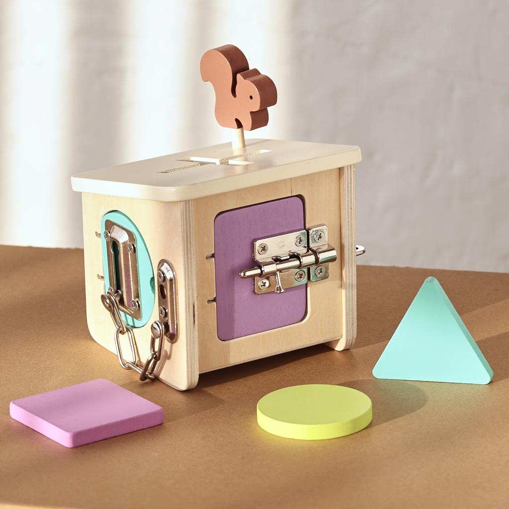 Wooden Early Education Lock Box Toy with Shape Sorting ,Color Recognition Features,Activity Unlocking Skills Tool Set for Toddler Developmental Play