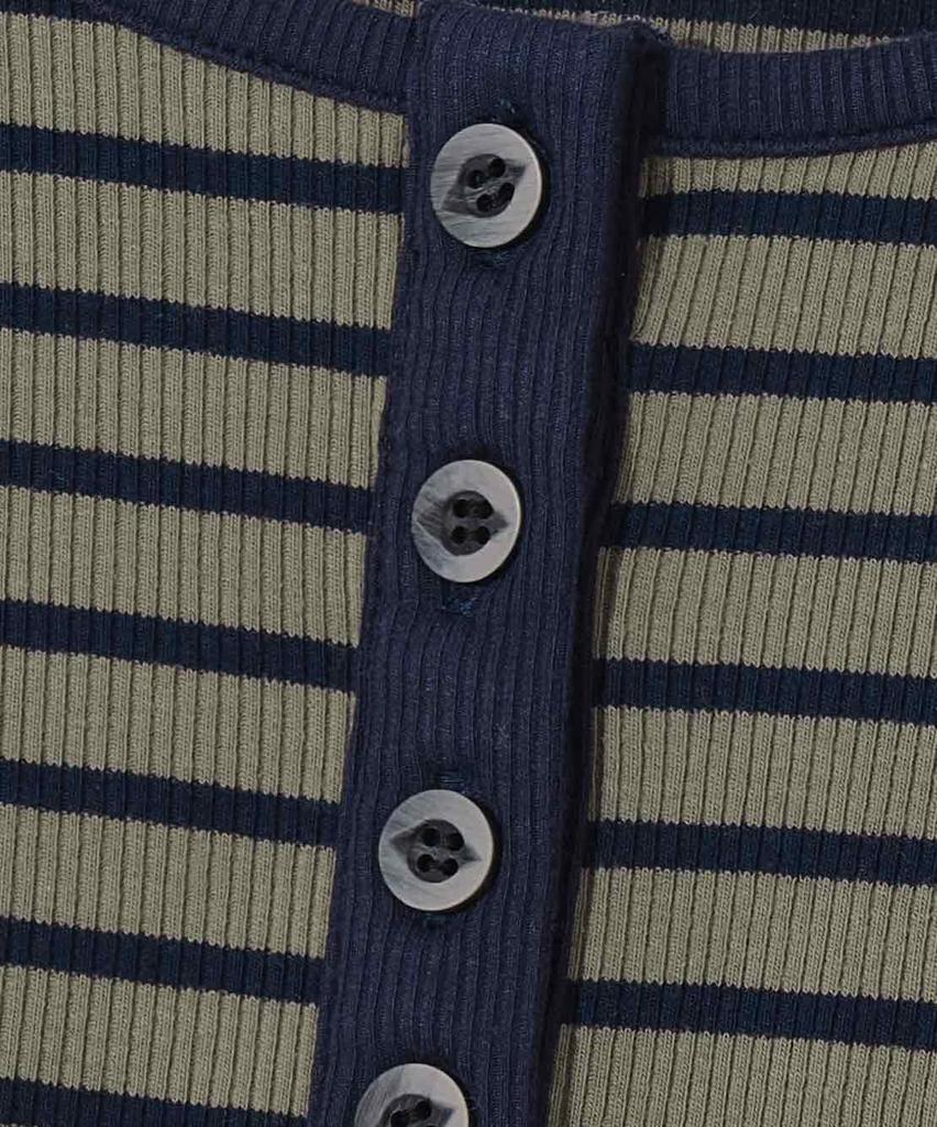 Yujen Henley Neck Shirred Long Sleeve T-Shirt_Stripe Khaki & Navy