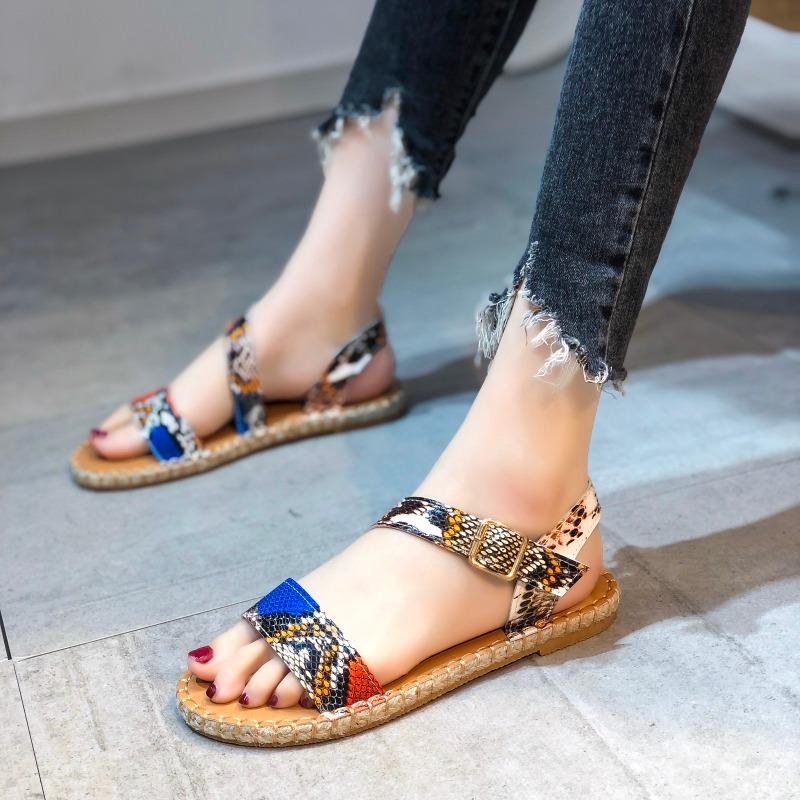 Snake Print Sandals Women New Ankle Strap Flat Sandals Buckle Comfortable Women's Shoes Fashion Casual Open Toe Sandals