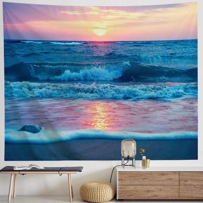 Ocean Tapestry Wall Hanging, Sea Beach Wave Sun Cloud Landscape Scenery Nature Wall Art [Double-Folded Hems] Bohemian Home Decor