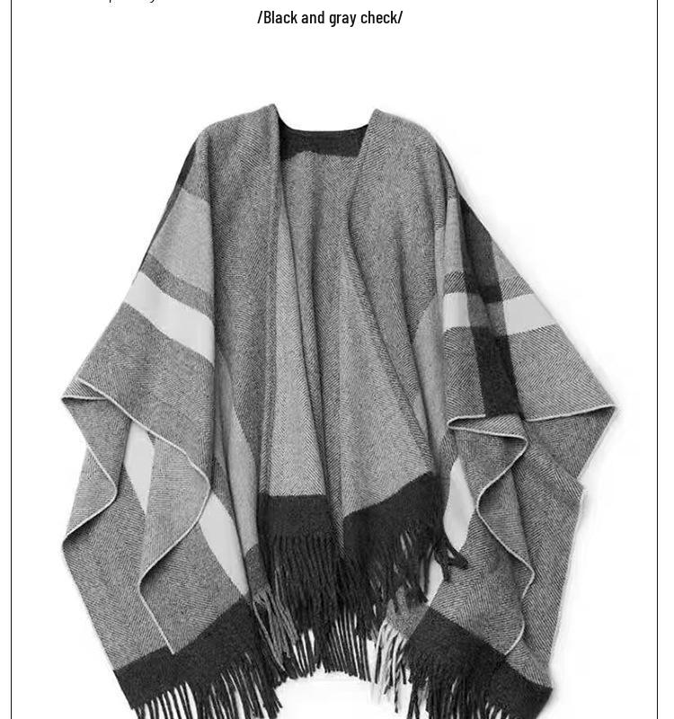 Wool Plaid Shawl Cape: Women's Warm Tassel Scarf for Spring, Autumn, Winter