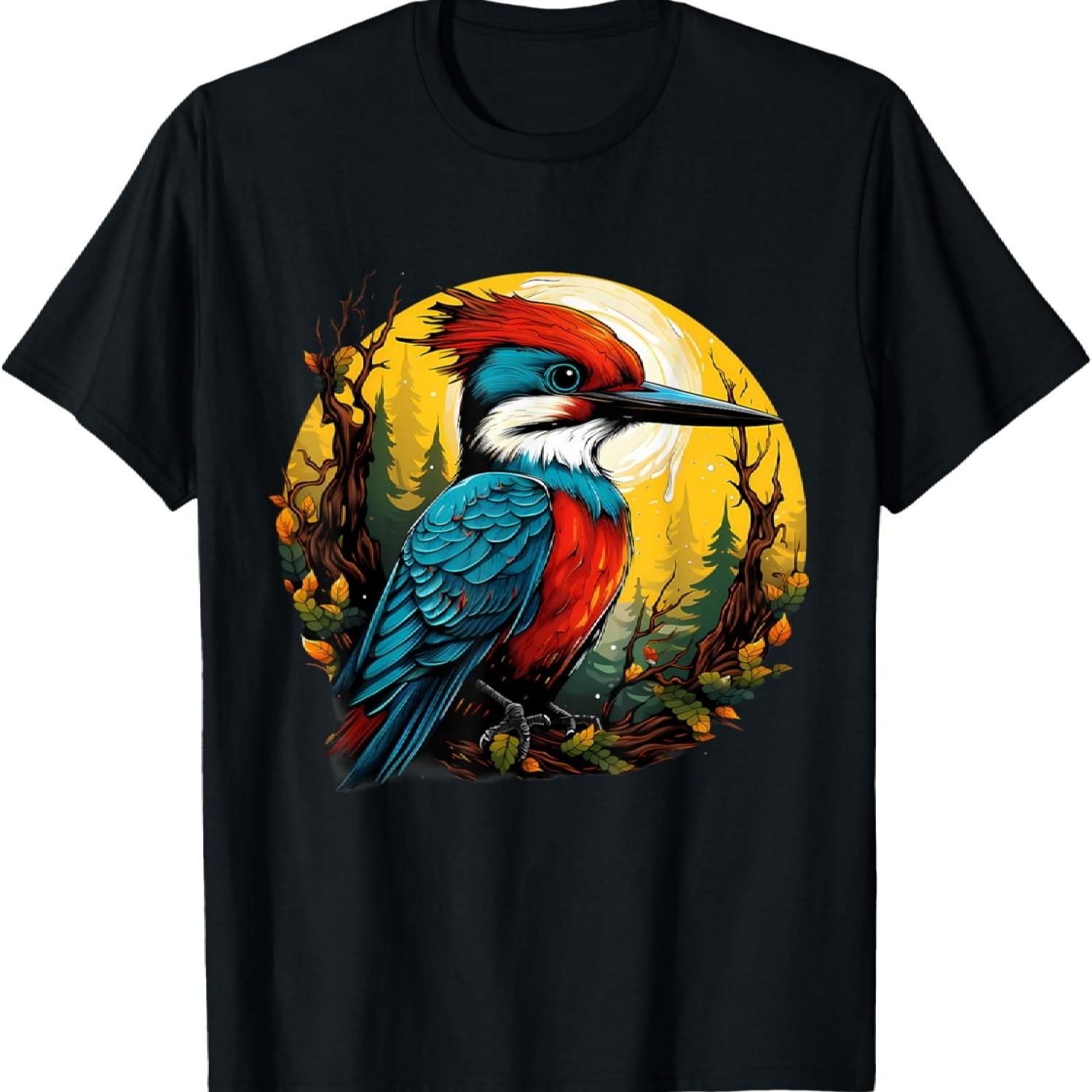 Woodpecker Forest Portrait Nature Colorful Artwork Wildlife T-Shirt S чёрный
