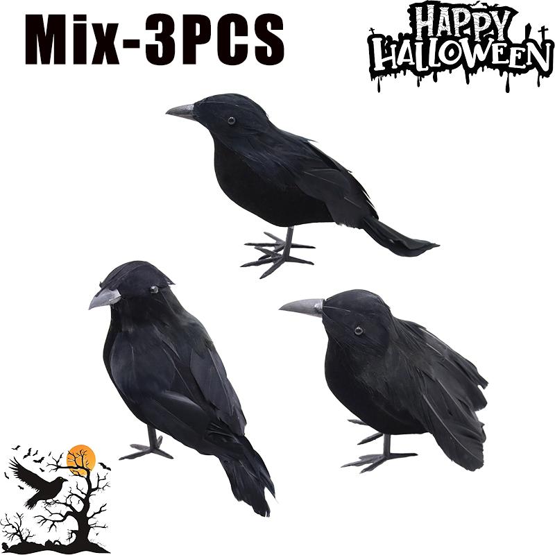 Spooky Halloween Black Crow Feather Decor Set Scary Ravens for Outdoor Garden Party Decoration Creepy Bird Themed Ornaments