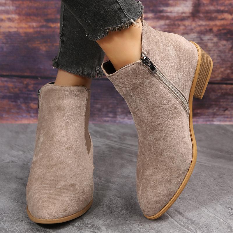 Independent Station Wish Foreign Trade Women's Shoes New Square Heel Large Size Women's Boots Suede Fashion Boots European and American Side Zipper