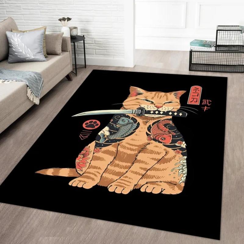 Samurai Cat Carpet Mat Rug Ukiyo-e Art Tattoo Modern Minimalist Design Home Decoration Living Room Bedroom Non-slip Floor Mat