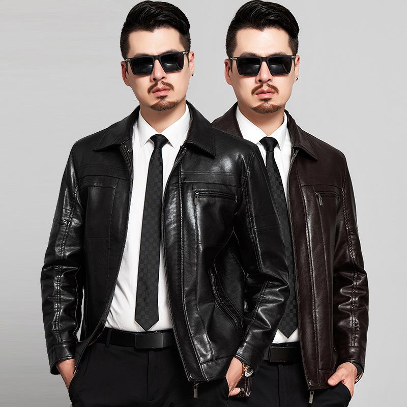 Jacket lapel men's coat solid color leather jacket new men's leather jacket casual sheepskin autumn leather jacket men's clothing