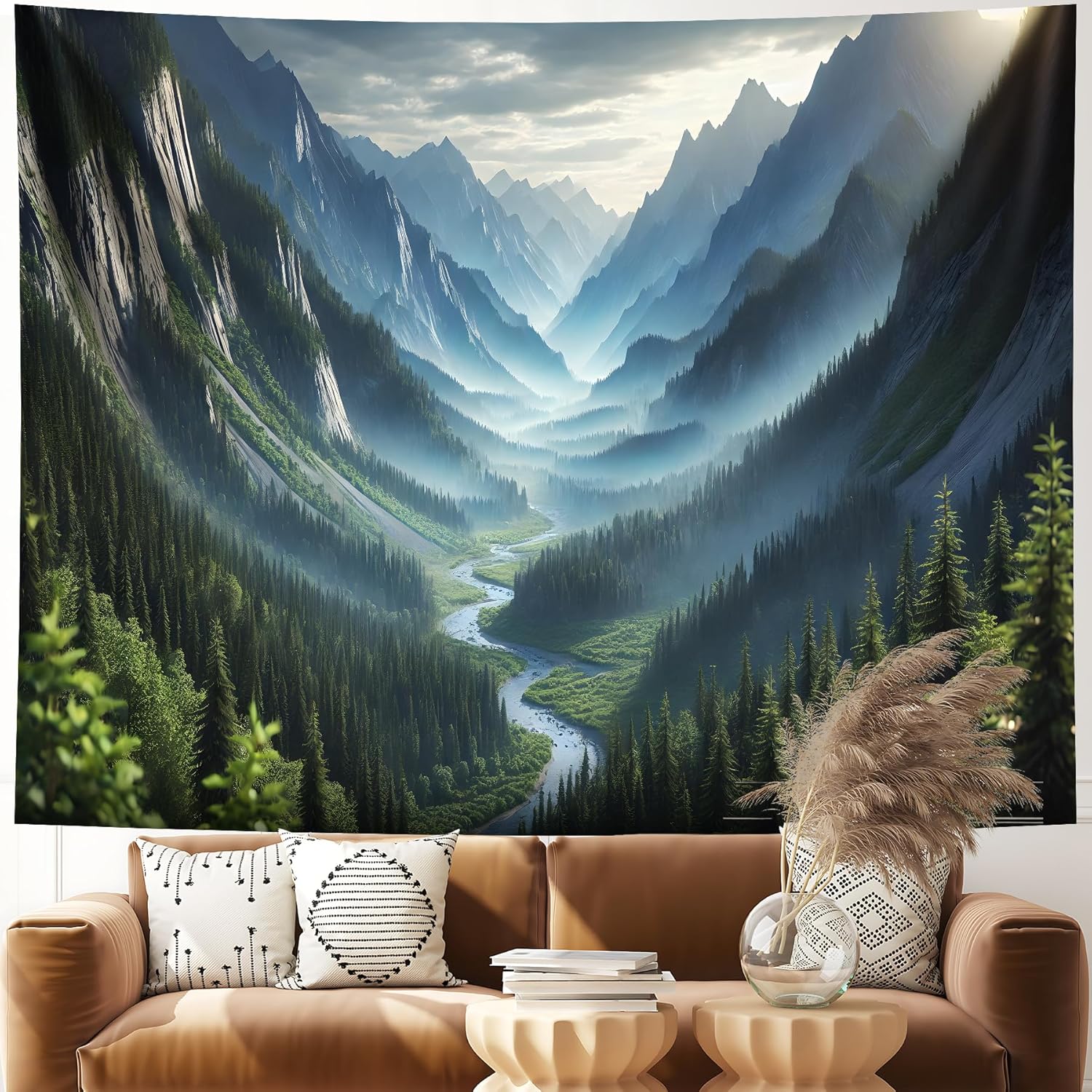 Bedroom natural mountain forest tapestry, scenic green pine waterfall landscape wall hanging tapestry family dormitory 180X230CM 100X70CM