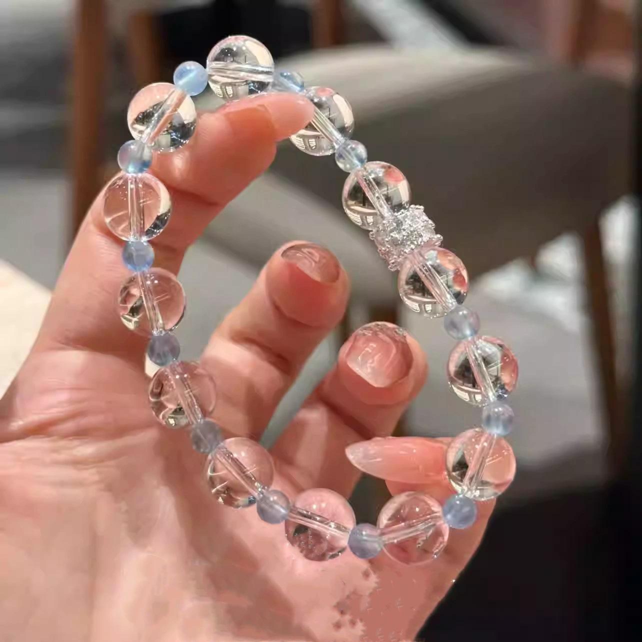 

Natural Brazilian aquamarine and white crystal original design bracelet for women, a birthday gift for a best friend Synthetic white crystal+N