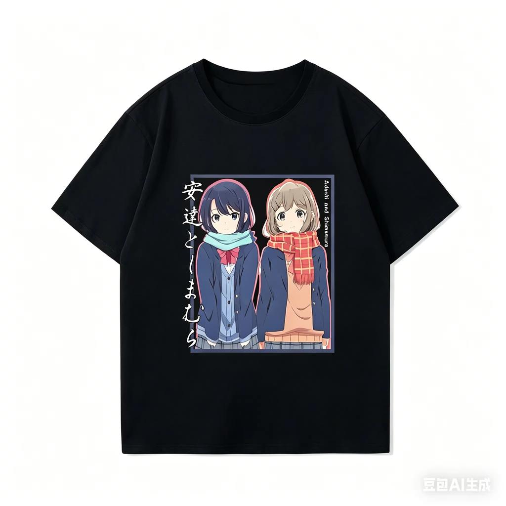 2026 Summer Cute Anime Pattern T-shirt with Adachi and Shimamura School Uniform Print, Unisex Casual Cotton Style Fan T-Shirt