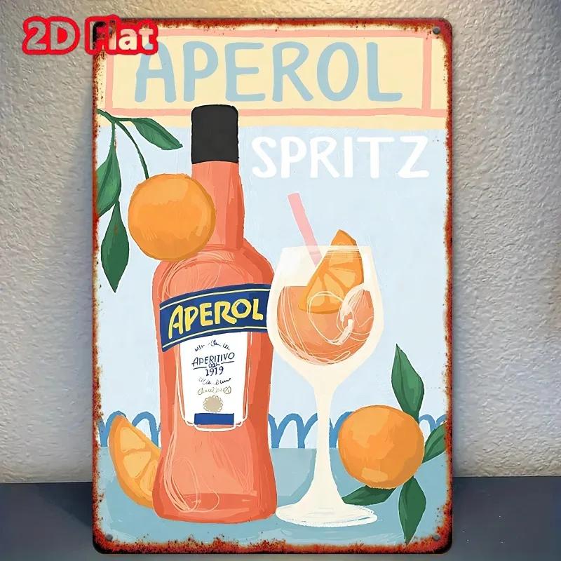2D Painting-Vintage Metal Tin Sign-Retro Cocktail & Orange Illustration,Frameless,Friends,Kitchen&Bar Decor