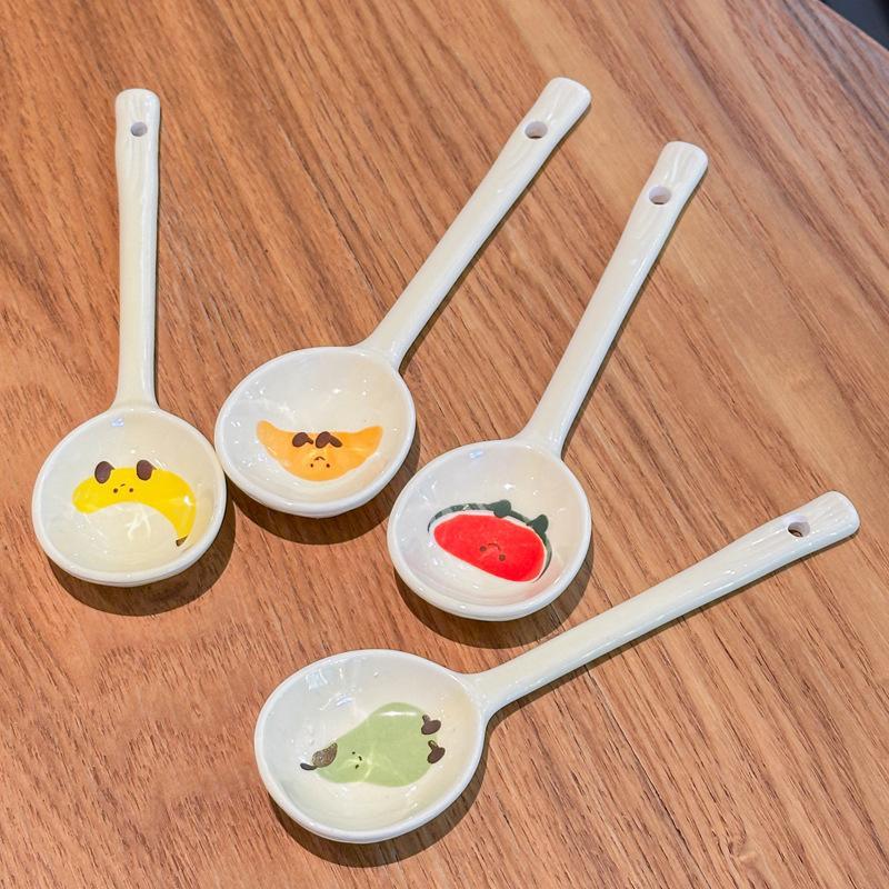 Kawaii Ceramic Soup Spoon Cute Korean Ice Cream Hand Painted Coffee Dessert Long Handle Spoon Kitchen Accessories