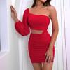 Women's single shoulder sexy tight short skirt high waist design sense hollow fashion commuter waist European and American dress
