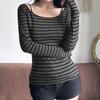 Harajuku Basic Slim Long Sleeve Stripe Tee Off Shoulder O Neck Korean Street Style Spring Autumn Y2K Women's Gray T Shirt