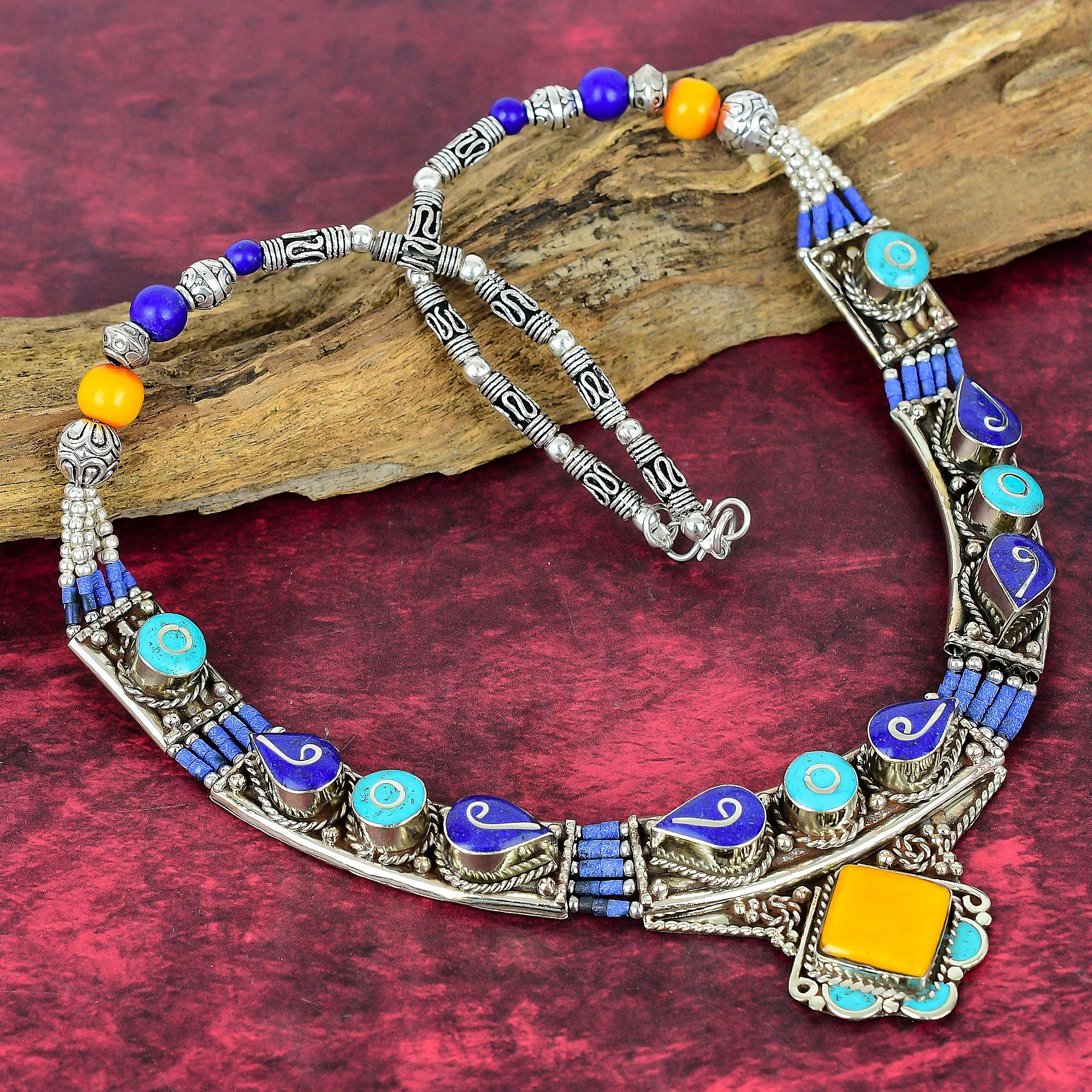 

Lapis Lazuli & Turquoise Handmade Gemstone Necklace, 925 Solid Sterling Silver Adjustable Chain Necklace, For Engagement Gift