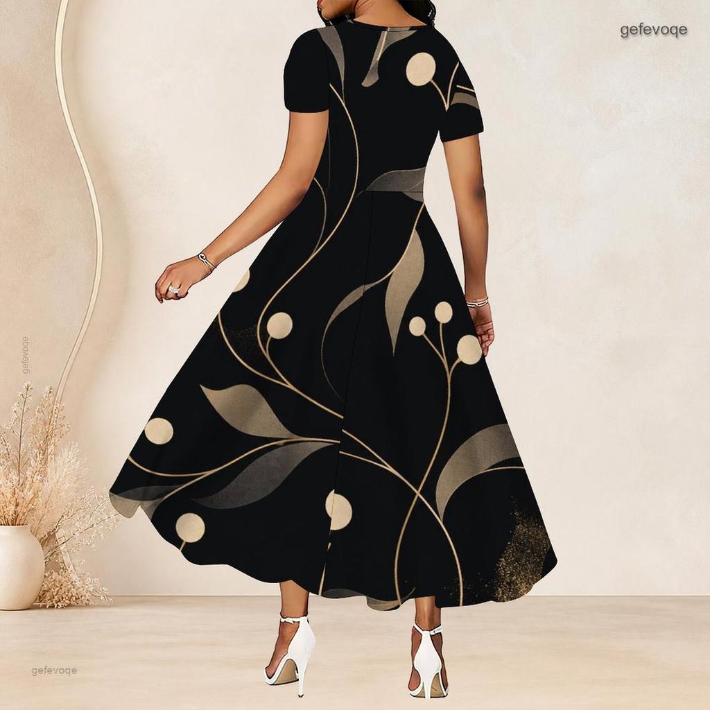 Women Plus Size Round Neck Short Sleeve Black Printed Gathered Waist A Line Long Dress