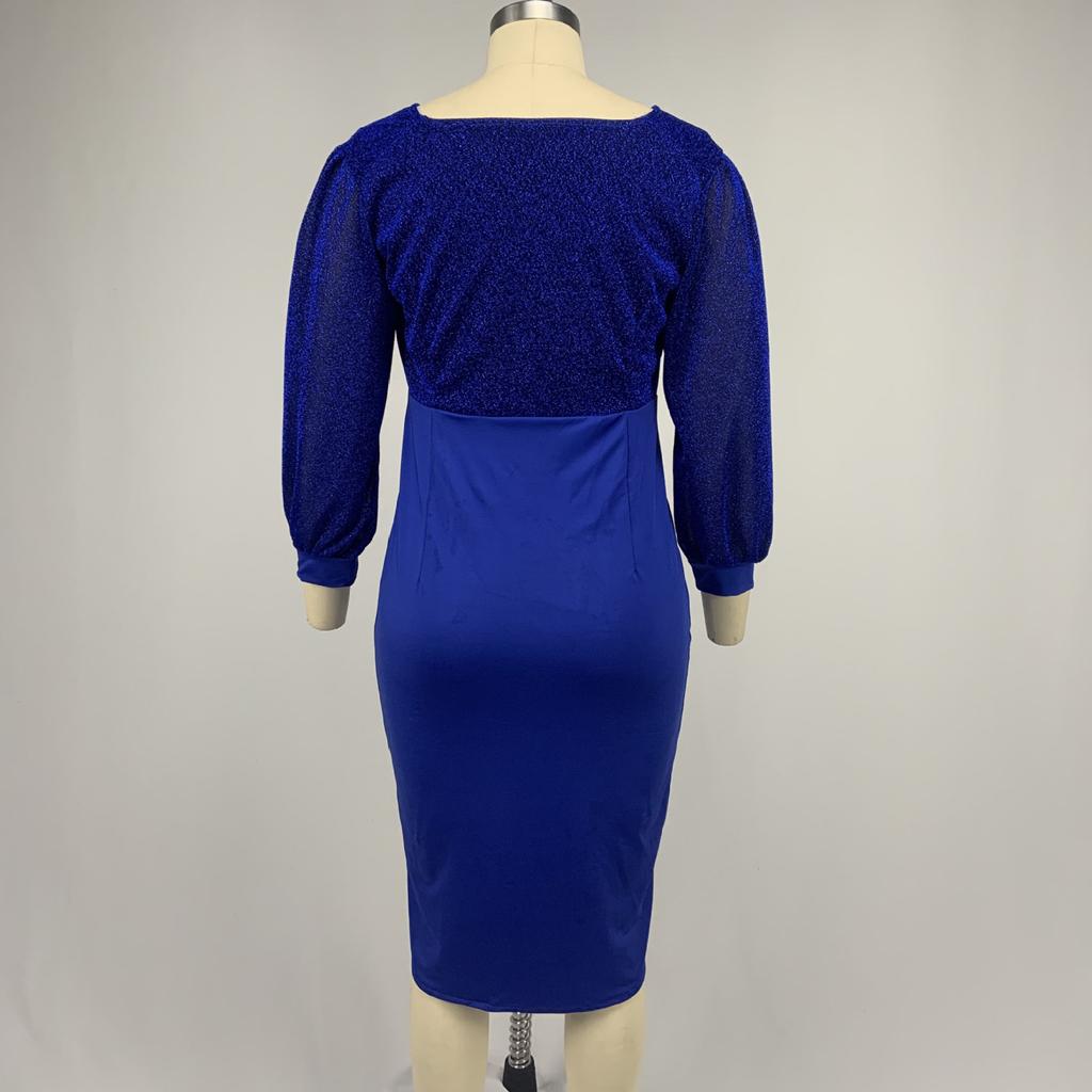 Shiny High-Waist Spliced Metallic Plus Size Bodycon Midi Dress V-Neck Mesh Split Party Dress Panel Brilliant Slim Fit Wrap Hip Dress Women's Dress