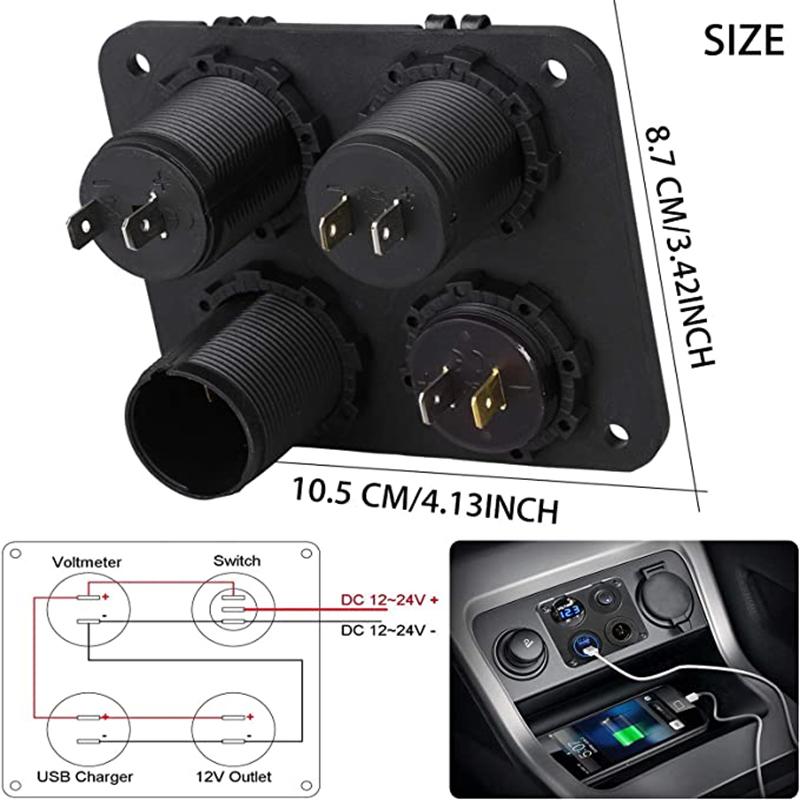 4-in-1-Autoladegerät mit Dual-SUB und 4,2-A-Voltmeter 12 V und Zigarettenanzünder und LED-Lichtschalter, geeignet für Boot, Wohnmobil, Auto, LKW
