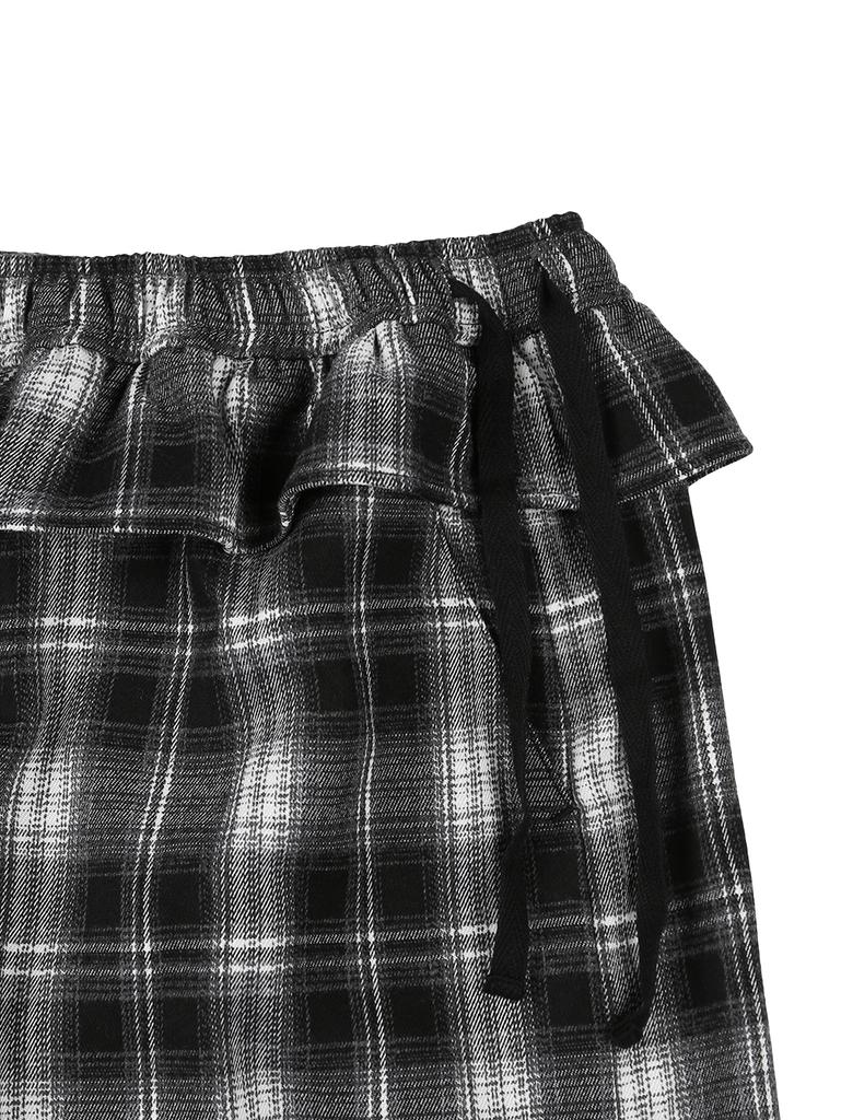 TUOMIO Frill Layered Check Pants [Black]