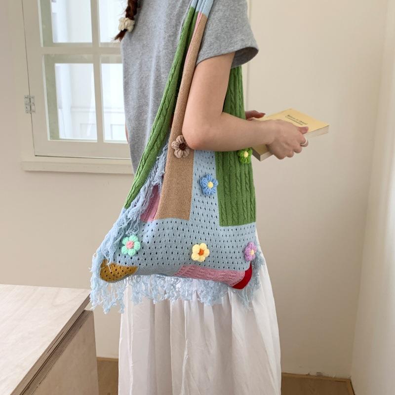 Yogodlns Forest Style Versatile Casual Shoulder Woven Bag Contrasting Colors New Simple Tote Bag Large Capacity Shopping Bag