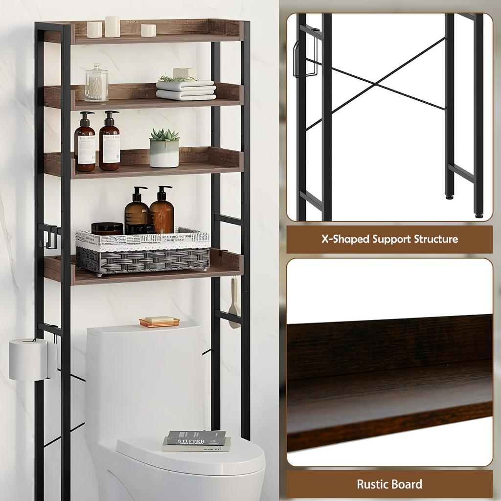 4-Tier Over-The-Toilet Storage Rack Freestanding Bathroom Organizer Freestanding Space Saver Toilet Stand with 4 Hooks
