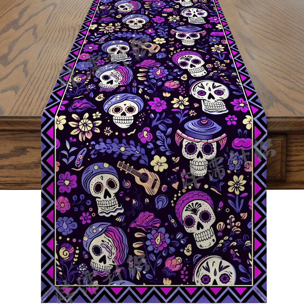 Halloween Table Runner Faux Linen Long Strip Day of the Dead Christmas Holiday Dining Decor
