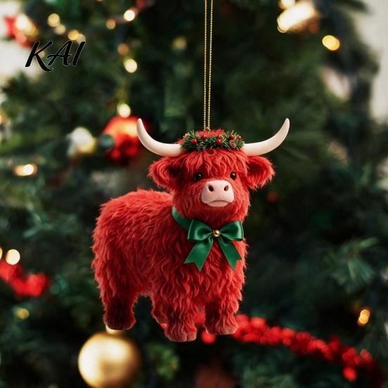 Cute Animal Pendant for Holiday Party Highland Yak Ornament Christmas Tree Hanging Decor, 2D Flat Acrylic Ornaments with Gold String Festive