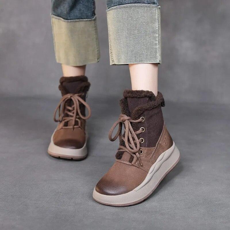 Johnature Genuine Leather Thick Soled Autumn Winter Plush Warm Cotton Boots Round Toe Versatile Retro Short Boots