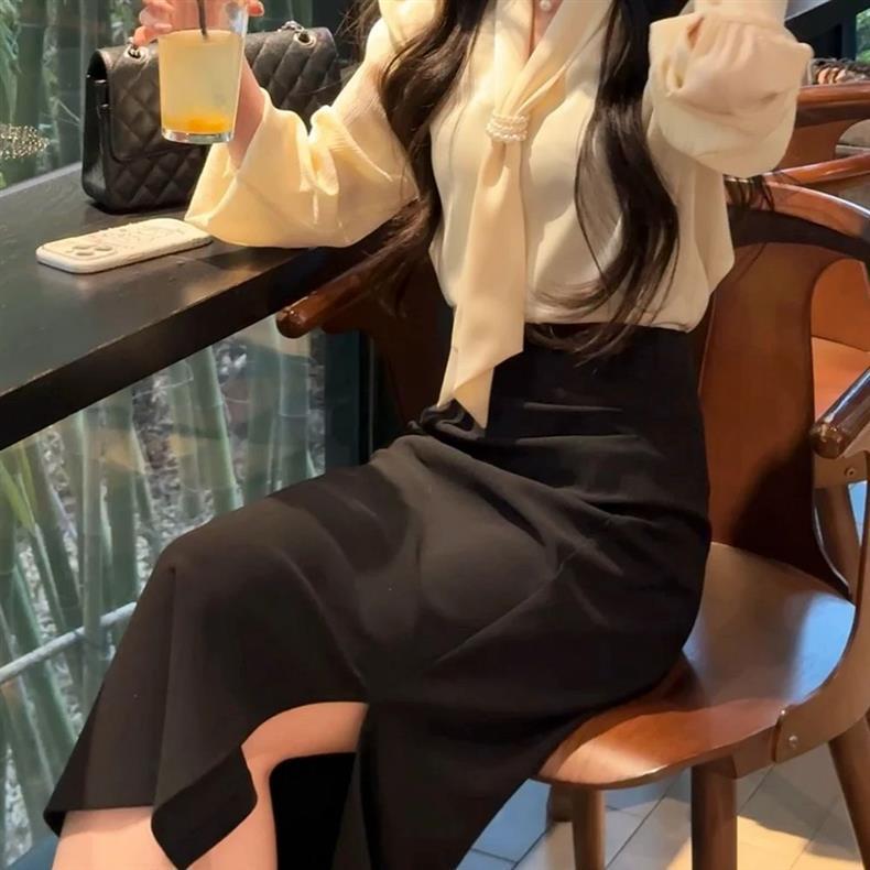 Chic Combo: Stylish Solid Long-Sleeve Shirt + High-Waisted A-Line Skirt Set