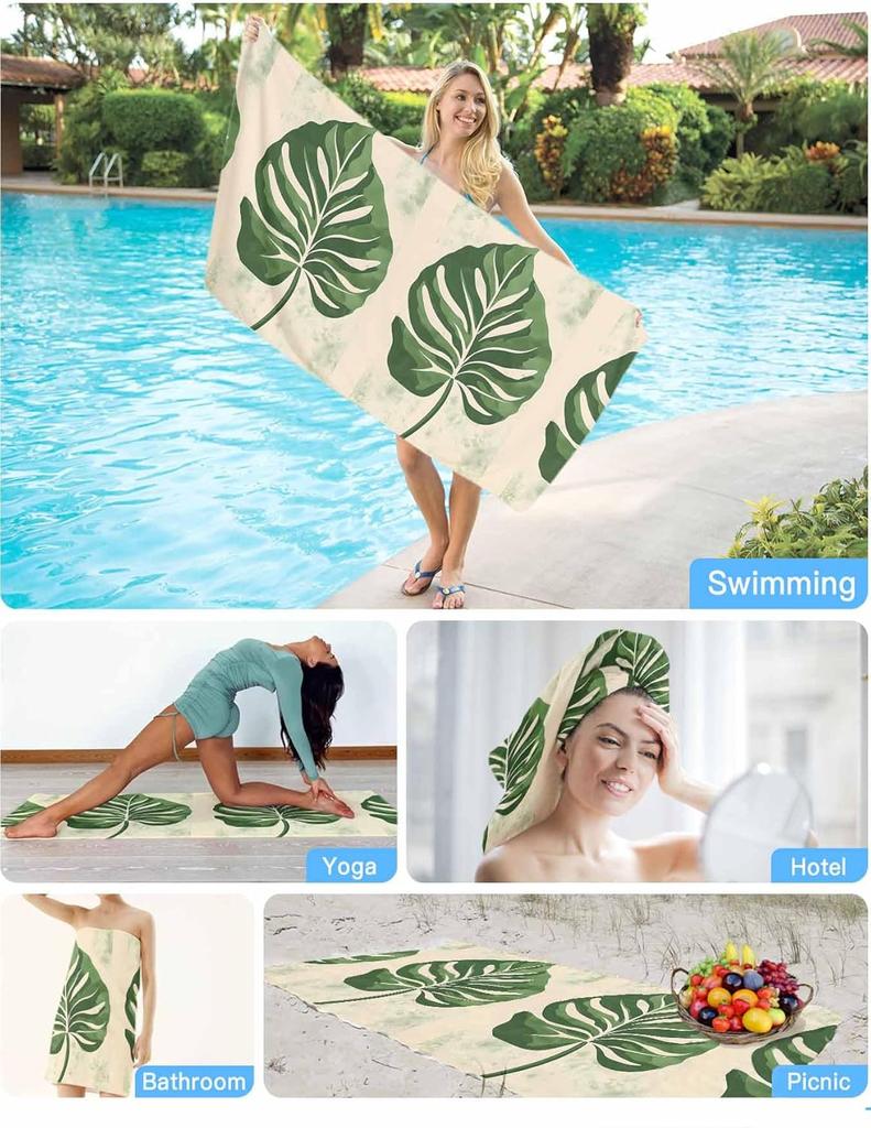Green Botanical Beach Towel,Vintage Palm Leaves Tropical Quick Dry Pool Yoga Swim Travel Camping Towel Soft Blanket Vacation