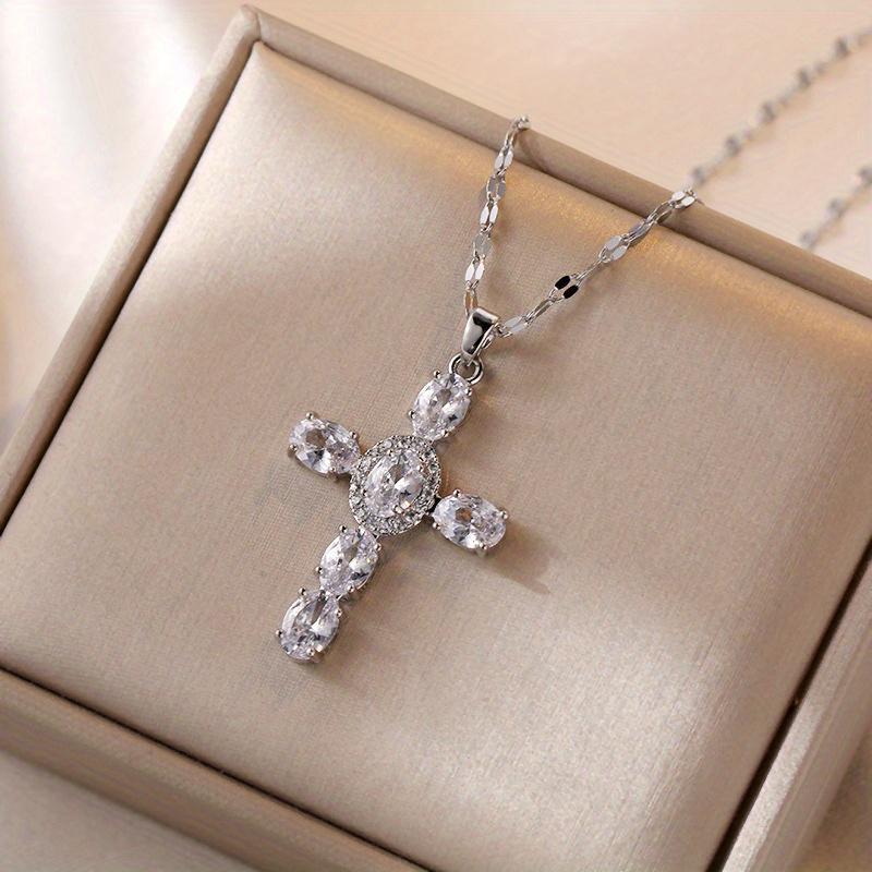 4 Colors Classic Imitation Crystal Colorful Cross Pendant Necklace Charm Anniversary Gift