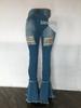 Pantaloni di Jeans a Zampa Vita Media Retro Strappati con Occhielli e Fasce Europei & Americani