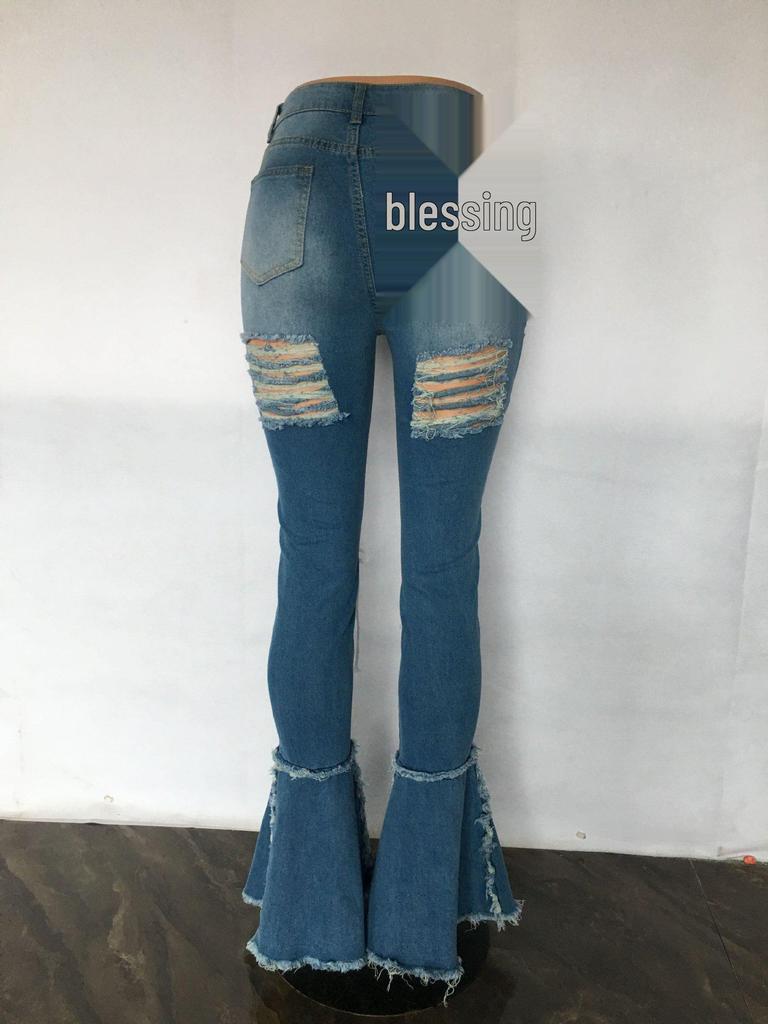 Pantaloni di Jeans a Zampa Vita Media Retro Strappati con Occhielli e Fasce Europei & Americani
